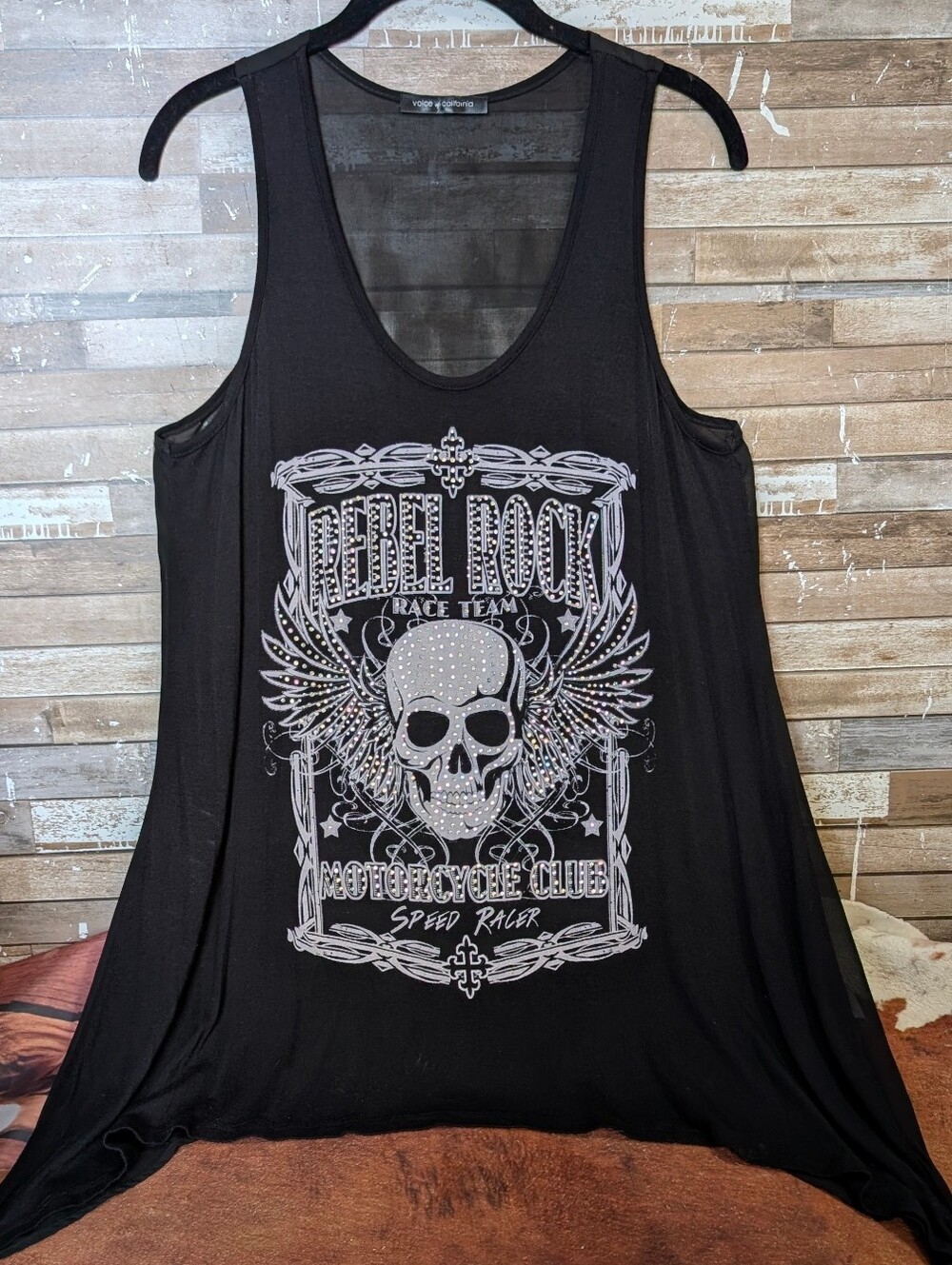 Gorgeous Vocal Of California Rebel Rock Embellished Skull Black Tunic Tank